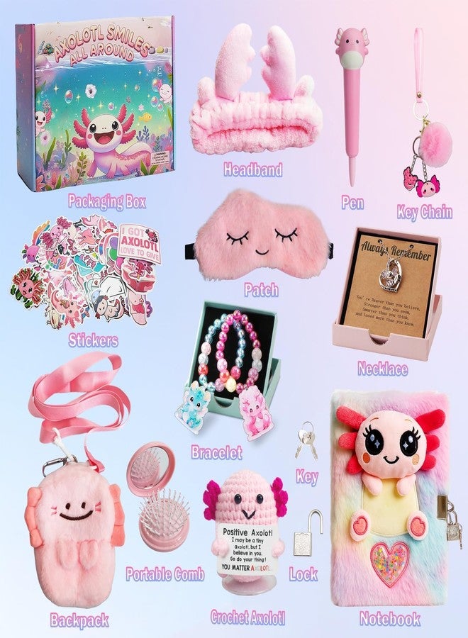 Kipwake Axolotl Gift Set for Girls - Cute Axolotl-Themed Toy Box with Fluffy Diary, Stickers,Pen, Crocheted Stuffed Animal, Pink Purse, Necklace, Keychain, and More Axolotl Stuff - Birthday Gifts for Kids - Image 2